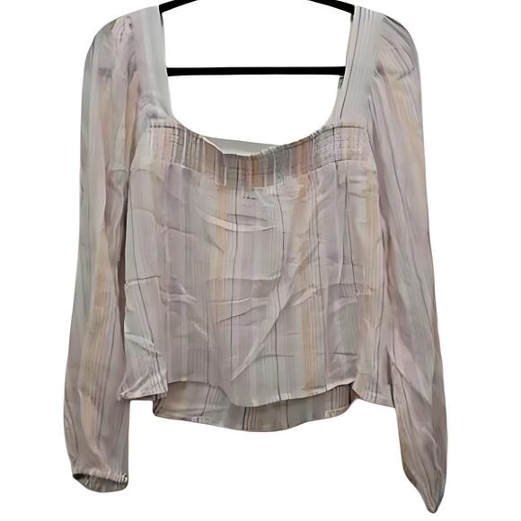 BCBGeneration Blouse Square Neck Smocked Striped Cotton Fabric Pink Chiffon - Picture 3 of 8